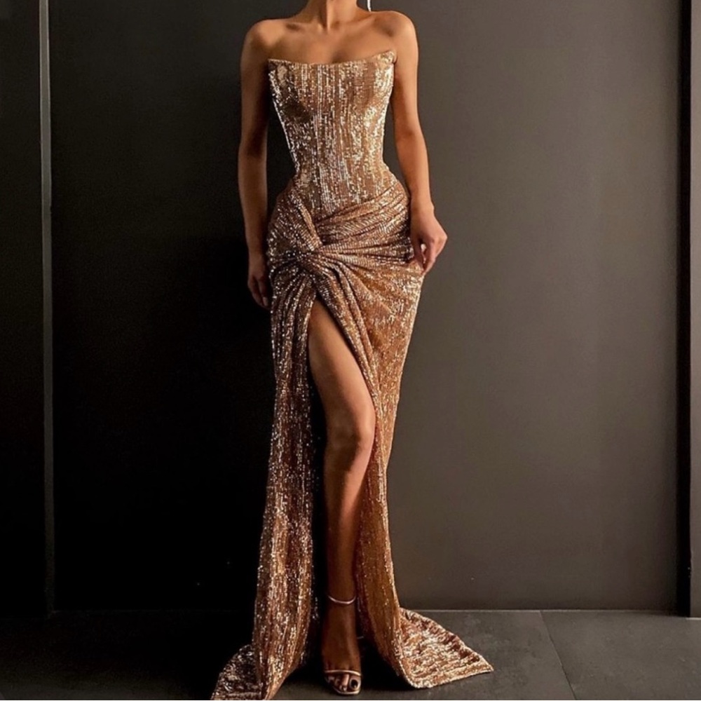 Lia Stubbla Strapless Sequin Knotted Gown in Bronze